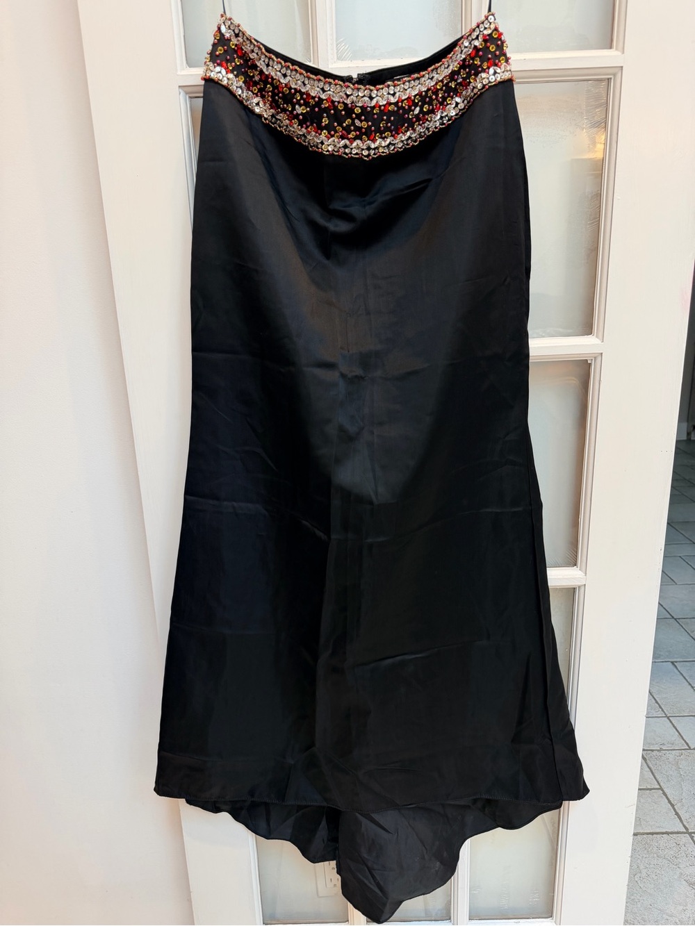 Vintage Niki Livas 90s Beaded Sequin Waist Formal Black Satin Maxi Skirt Size 12